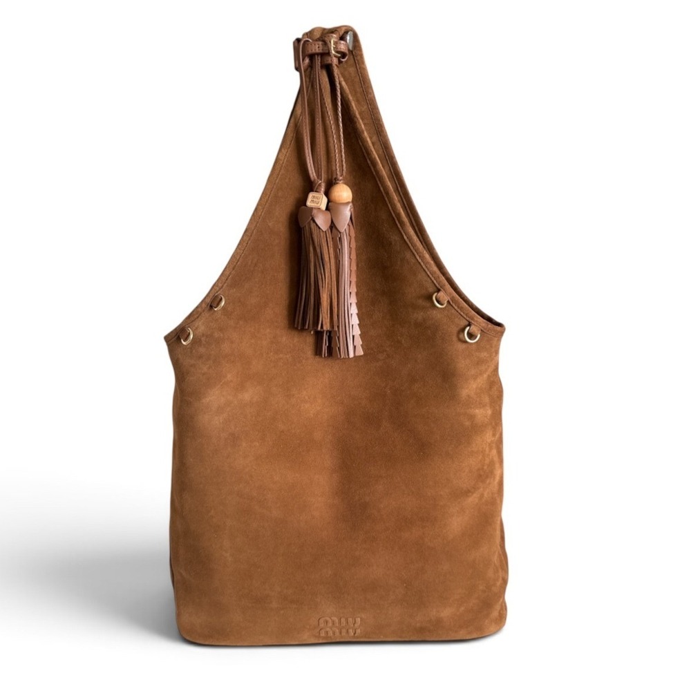 Miu Miu Rust Brown Suede Tote Bag w/tassel charms. 5BC184